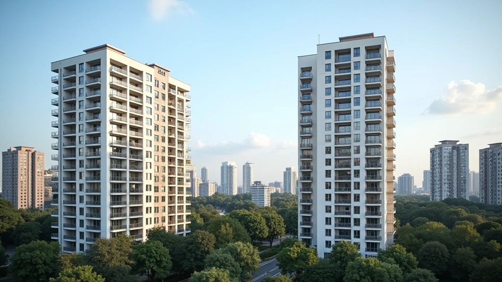 Wohnblöcke in Köln mit Himmel, moderner Wohnkomplex in urbaner Umgebung