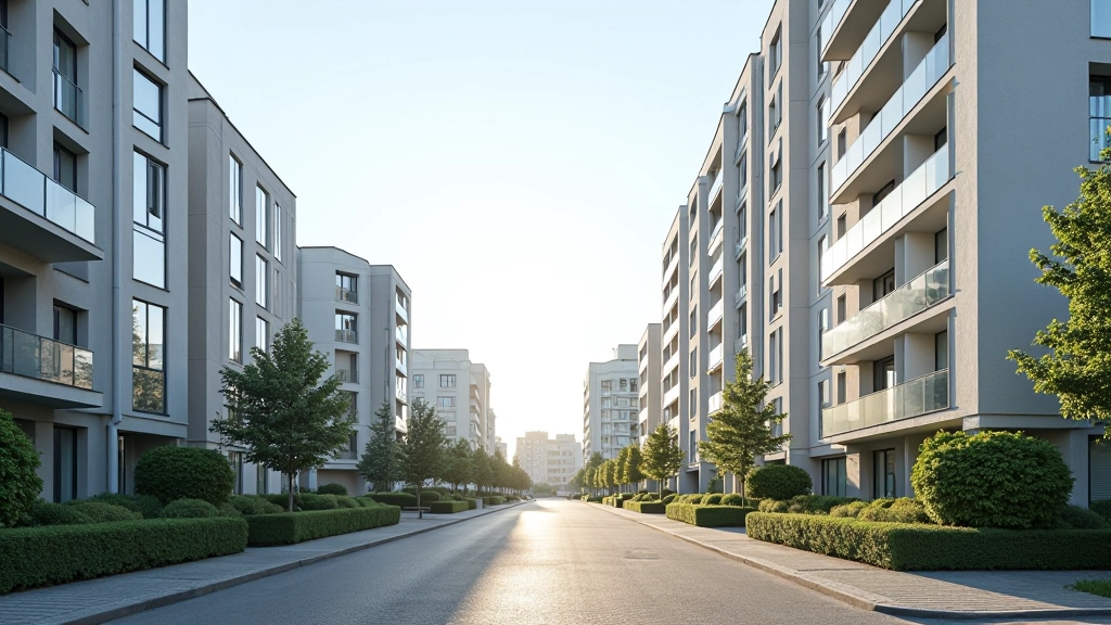 Moderne Wohngebäude in urbaner Umgebung mit Himmelblick, zeitgenössische Architektur in Großstadt