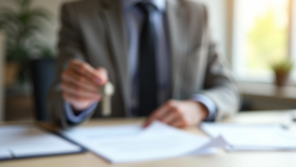 Makler zeigt Wohnungsschlüssel und Immobilienvertrag, professionelles Büro-Setting