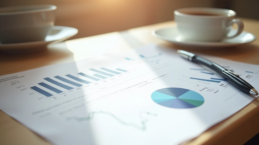 Statistik-Grafik auf Papier mit Stift und Kaffeetasse auf Schreibtisch