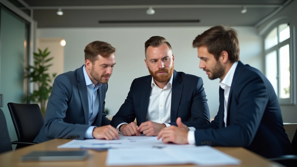 Professionelles Team bei der Immobilienmarktanalyse mit Dokumenten und Statistiken am Schreibtisch